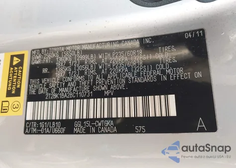 2011 Lexus Rx 350 from USA, damaged, VIN 2T2BK1BA2BC110731